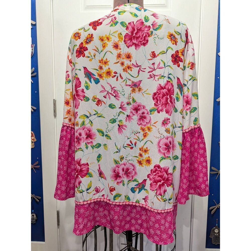 Pioneer Woman Pink Flounce Sleeve Topper Chinoserie Birds Boho Kimono L/XL NWT - Picture 4 of 15